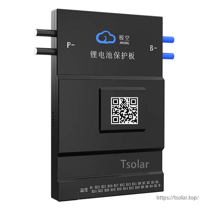 Angled front view of Jikong smart active balance BMS showing P- and B- terminal posts and QR code