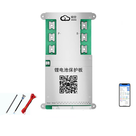 JKBMS battery management system board with metal cover, QR code label, and included cables