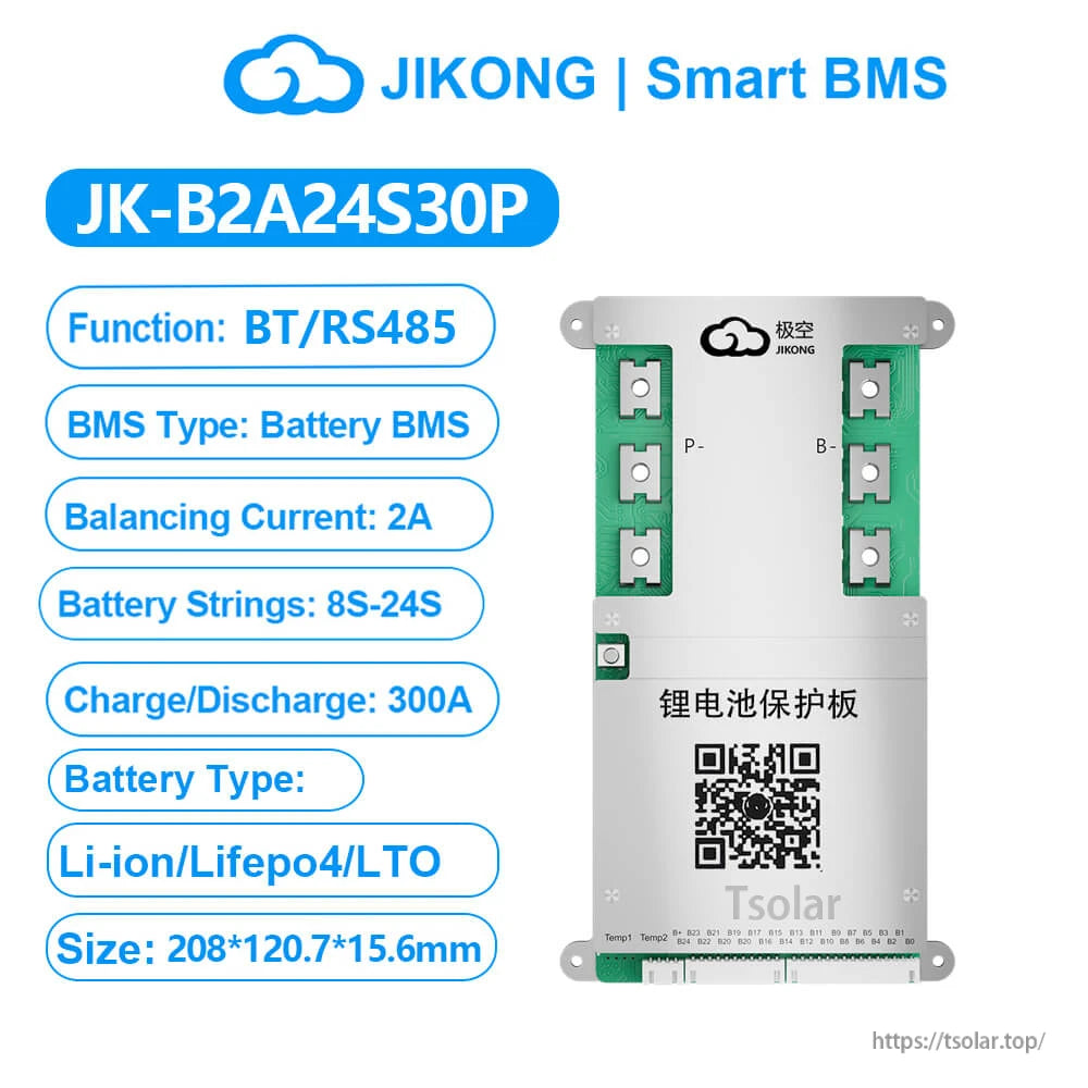 JK-B2A24S30P smart BMS spec chart: BT/RS485, 2A balancing, 8S–24S, 300A, size list