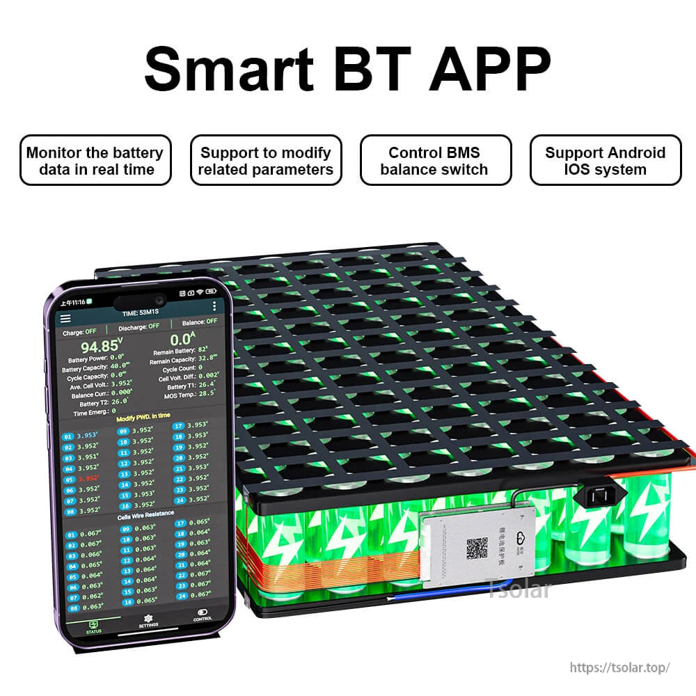 Smart BT app screen monitoring battery data beside a battery pack with BMS installed