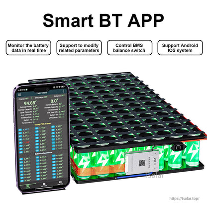 Smart BT app screen monitoring battery data beside a battery pack with BMS installed