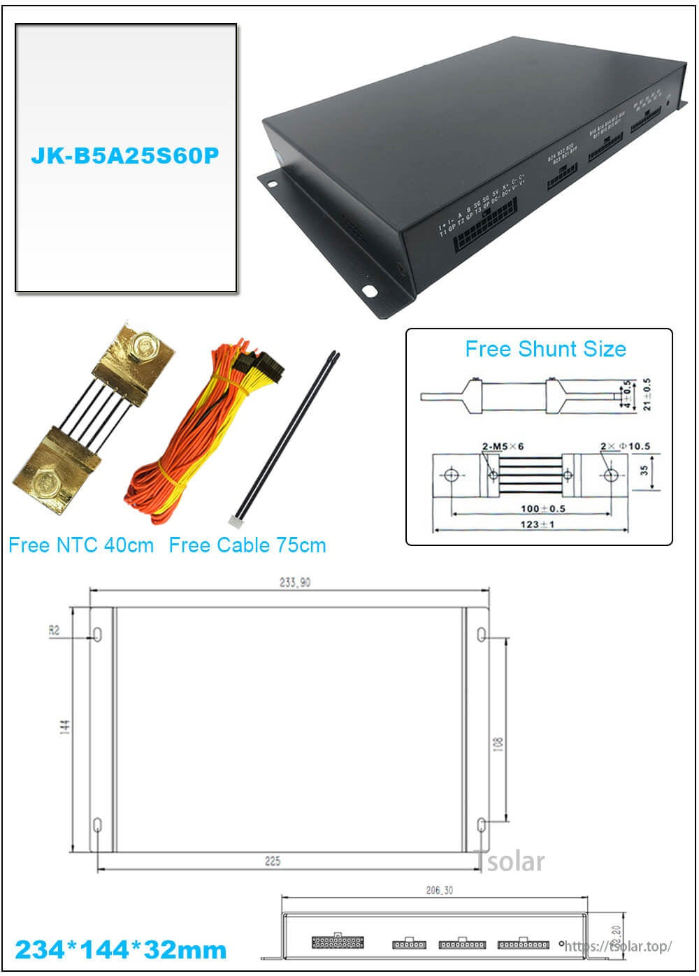 JKBMS active balance BMS kit with shunt, wiring harness, NTC lead and enclosure dimensions (234×144×32 mm)