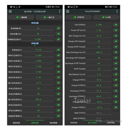 Mobile app settings screens for BMS configuration, showing cell voltage and charge/discharge parameter menus