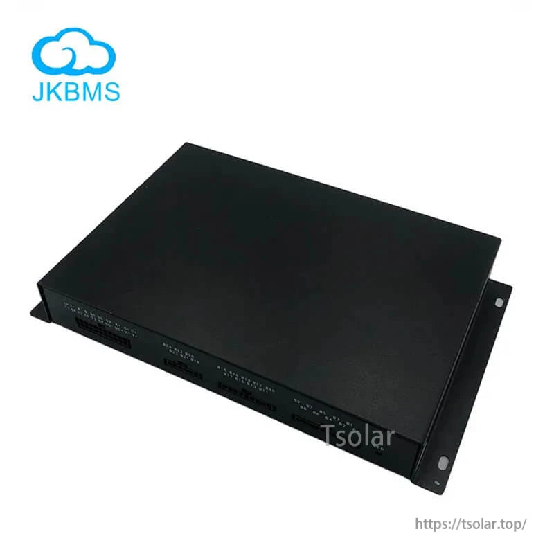Angled top view of black metal BMS enclosure with mounting flanges and front connector openings