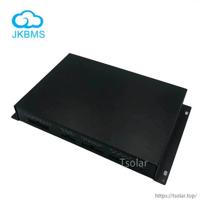 Angled top view of black metal BMS enclosure with mounting flanges and front connector openings