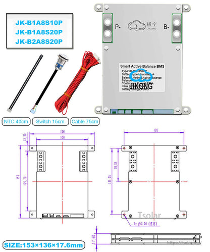 JKBMS diagram with included NTC, switch and cable lengths plus enclosure dimensions and mounting layout