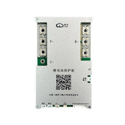 JKBMS battery management board front with P-, B-, C- terminals and QR code label