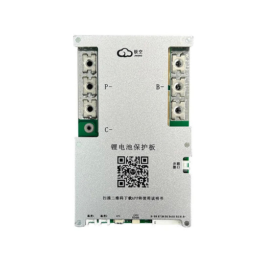 JKBMS battery management board front with P-, B-, C- terminals and QR code label