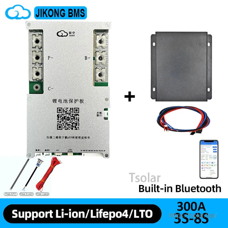 BMS kit shown with black enclosure case, wiring harness, phone app screen, plus NTC, switch and cable