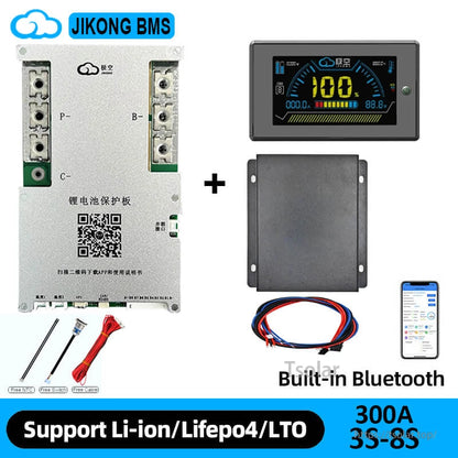 BMS bundle with external display module, black enclosure case, wiring harness, and phone app screen