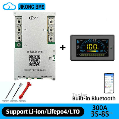 BMS board with separate LCD display screen, wiring leads, and Bluetooth phone app graphic