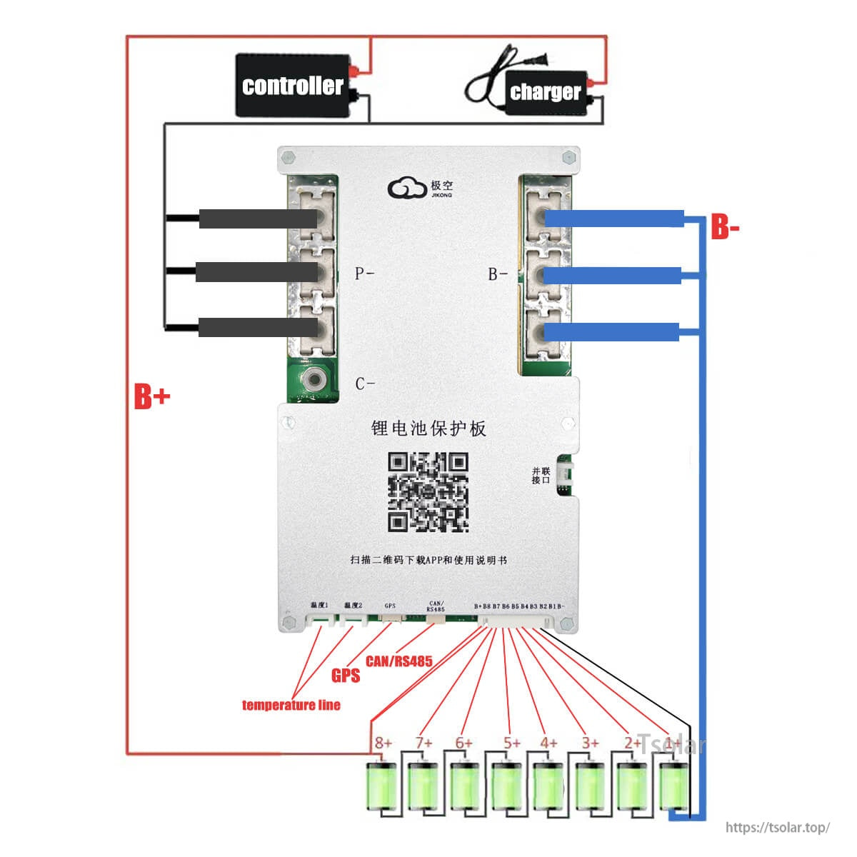 Common-port wiring diagram for JKBMS smart BMS, showing B+, B-, P- connections and cell tap leads