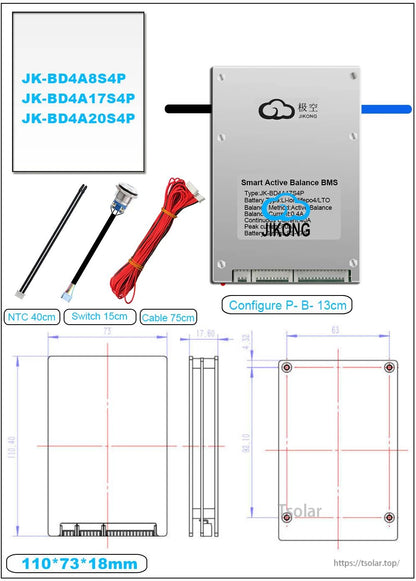 JKBMS BD4A17S4P Active Balance Smart BMS 7S-17S 40A 0.4A Bluetooth RS485 for Li-ion LiFePO4 LTO