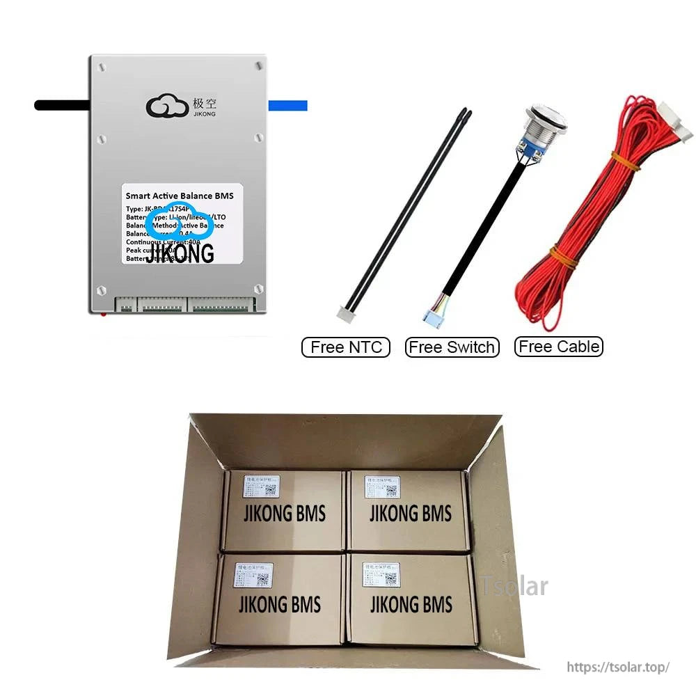 Package contents: active balance BMS with free NTC probe, switch lead, and red cable; boxed units in carton
