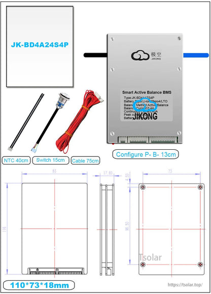 JK-BD4A24S4P BMS kit with NTC, switch and cable; dimension drawing shows 110×73×18 mm and P-/B- lead length 13 cm
