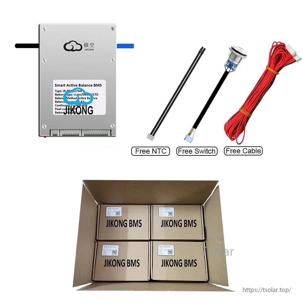 Package contents shown: Jikong BMS unit with free NTC sensor, external switch lead and balance cable, plus boxed units