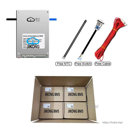 Package contents shown: Jikong BMS unit with free NTC sensor, external switch lead and balance cable, plus boxed units