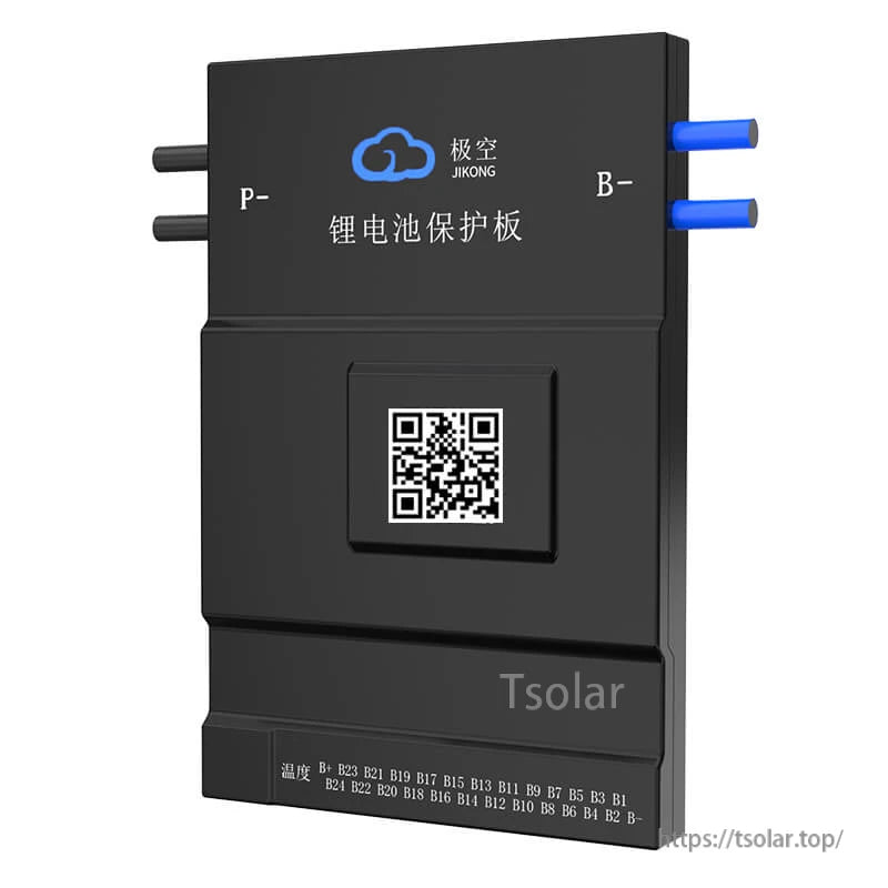 JKBMS battery management system angled front view showing P- and B- terminals and QR code cover
