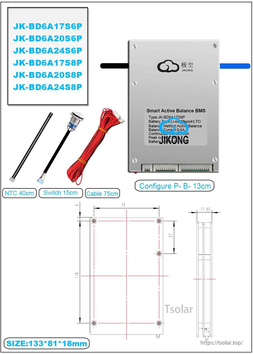JK-BD6A series model list with BMS unit, accessory cable lengths, and size diagram 133×81×18 mm