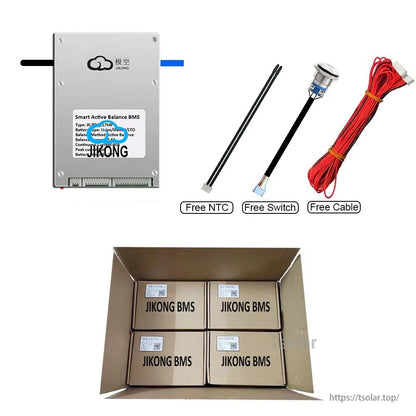 JIKONG BMS package contents photo showing BMS unit, free NTC, free switch, free cable, and shipping cartons