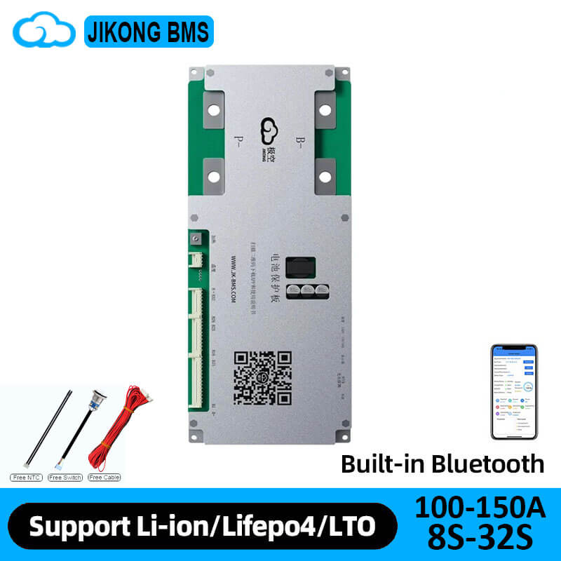 Jikong BMS board graphic showing built-in Bluetooth, 100–150A and 8S–32S support text
