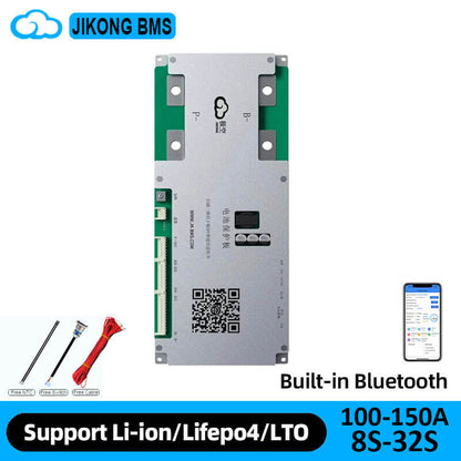 Jikong BMS board graphic showing built-in Bluetooth, 100–150A and 8S–32S support text