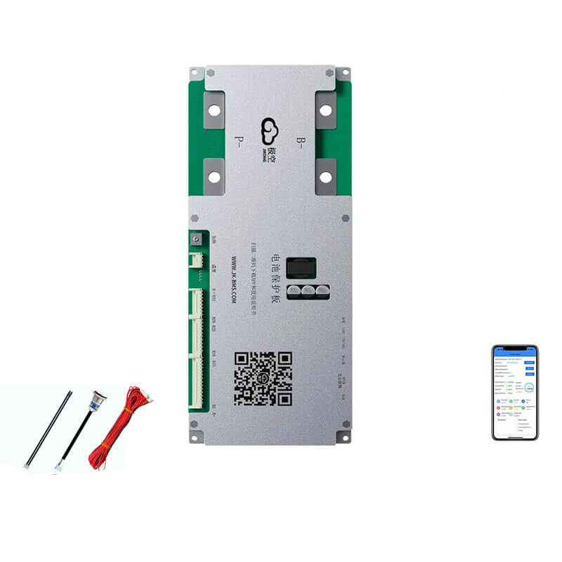 JKBMS active balancing smart BMS board top view with wiring harness, switch lead and app screen