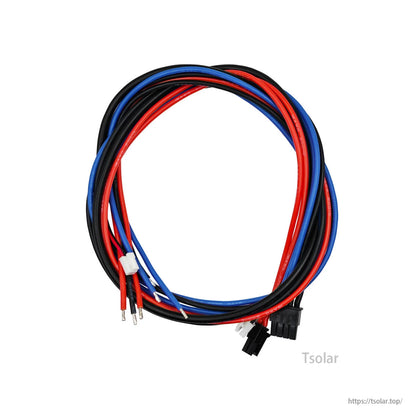 Included red, black, and blue wiring harness with crimped ends and plug connectors