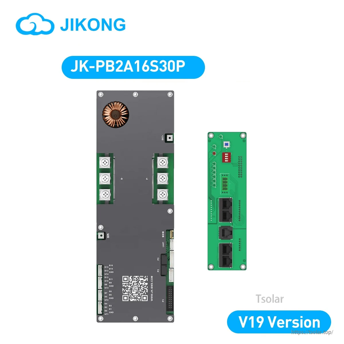 JIKONG JK-PB2A16S30P V19 version graphic showing BMS board and matching interface module
