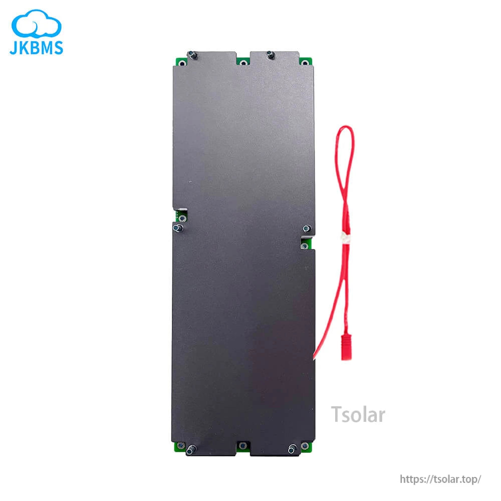 Rear side of the inverter BMS aluminum cover with mounting screws and attached red cable lead