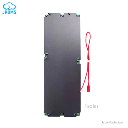 Rear side of the inverter BMS aluminum cover with mounting screws and attached red cable lead