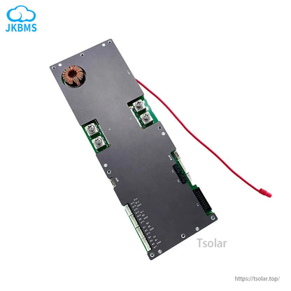 Angled view of inverter BMS board highlighting terminal blocks, connector headers, and red cable routing
