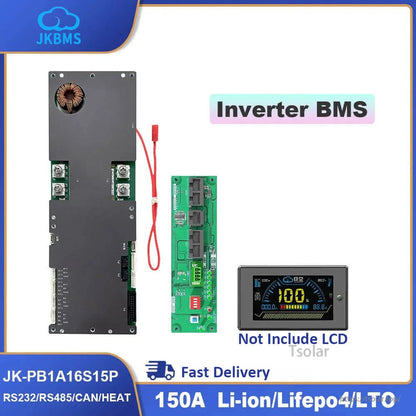 Inverter BMS kit layout showing main board, separate green interface module, and note that LCD is not included