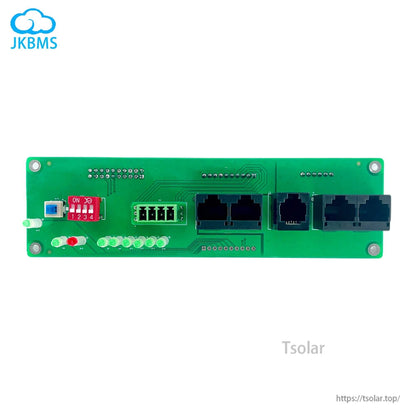 Communication interface PCB close-up with DIP switch, LED indicators, and RJ45-style ports