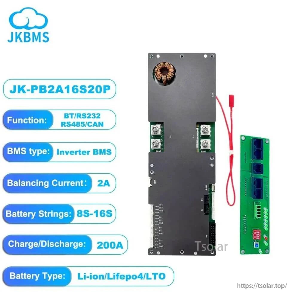 JKBMS JK-PB2A16S20P inverter BMS graphic showing functions and ratings (BT/RS232, RS485/CAN, 2A balance, 200A)
