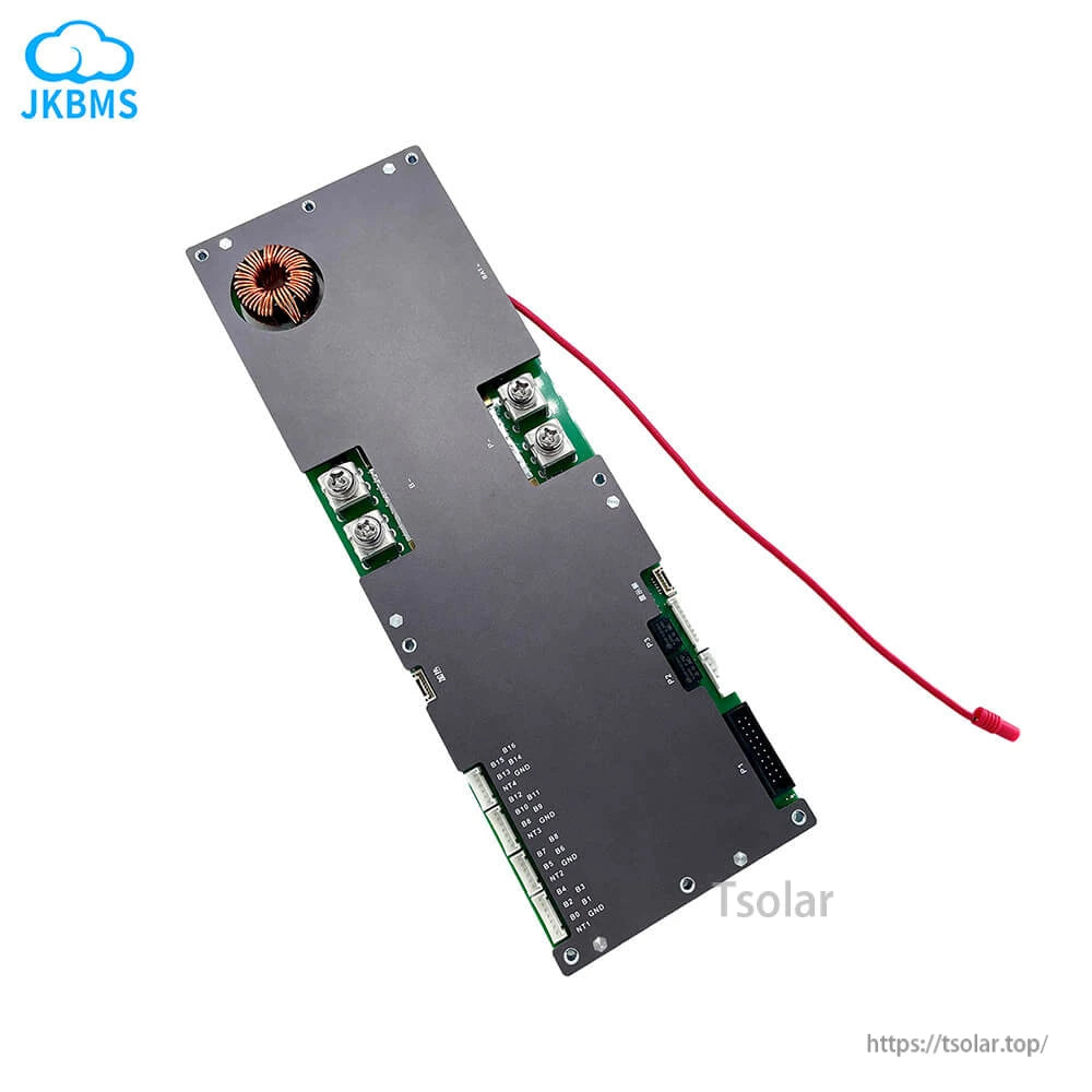 Angled view of inverter BMS circuit board showing mounting holes, terminal blocks, and red lead