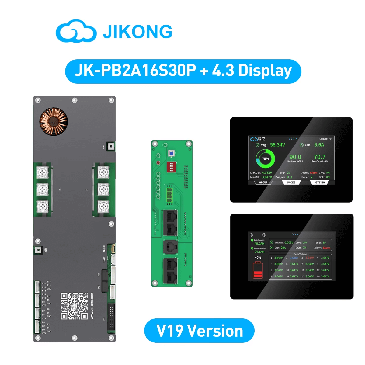 JKBMS JK-PB2A16S30P V19 set with BMS board, interface module and 4.3-inch display screens