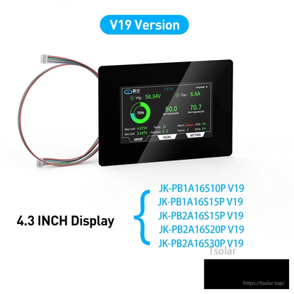 V19 version 4.3-inch display with cable and compatible JK-PB1A/JK-PB2A V19 model list graphic