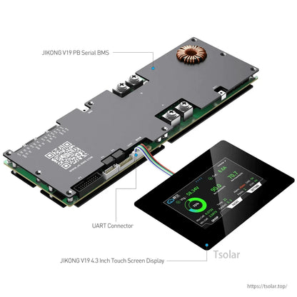 JIKONG V19 PB serial BMS connected to 4.3-inch touch screen display via UART connector