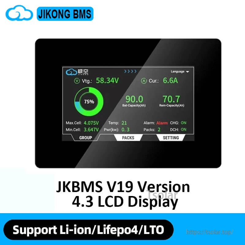 JKBMS V19 4.3 LCD display interface screen graphic showing battery status, packs and settings