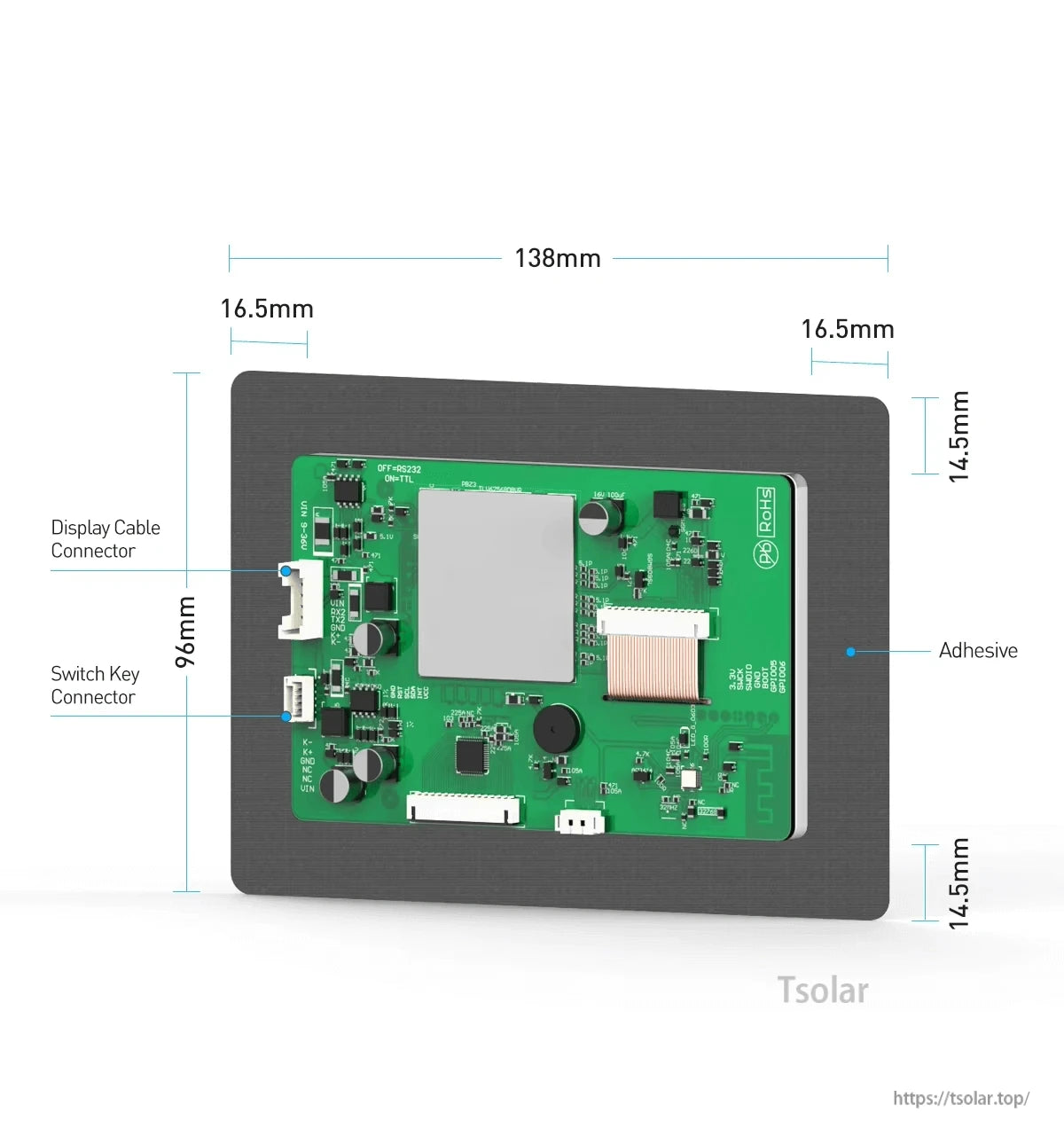 Rear circuit board of 4.3-inch LCD display with dimensions and labeled cable and switch connectors