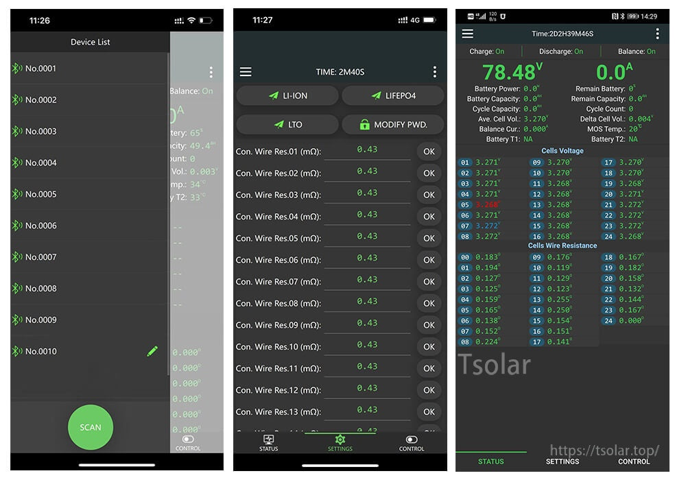 Three Bluetooth app screens: device list scan, settings for battery type, and live cell voltage table