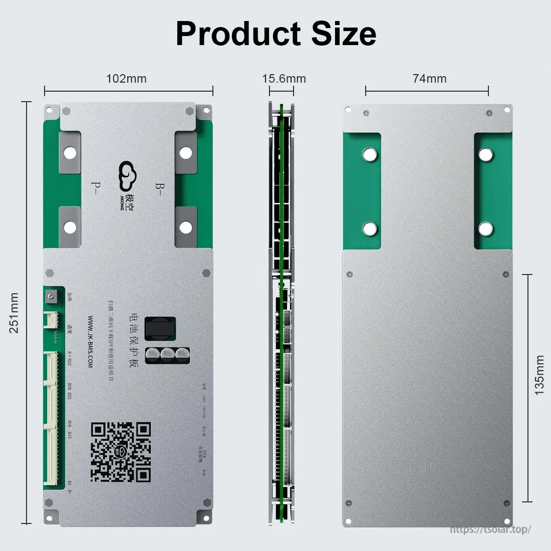 JKBMS BMS dimensions with front, side and back views; approx. 251 mm tall and 15.6 mm thick