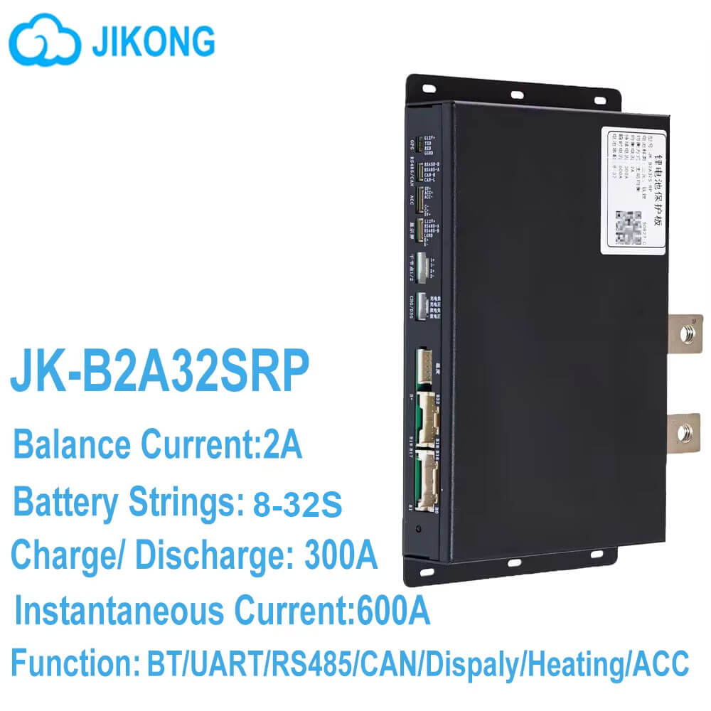 JIKONG JK-B2A32SRP BMS front panel with ports and printed specs for 8-32S, 2A balance current