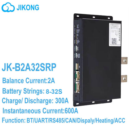 JIKONG JK-B2A32SRP BMS front panel with ports and printed specs for 8-32S, 2A balance current