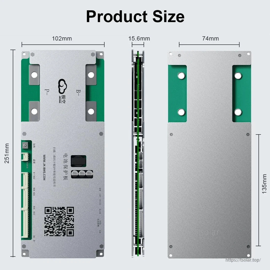 Product size diagram with front, side and back views and dimensions 251mm x 102mm x 15.6mm, 135mm, 74mm