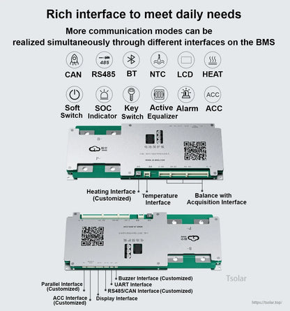 Interface diagram highlighting CAN, RS485, BT, NTC, LCD, HEAT and other connector ports on the BMS