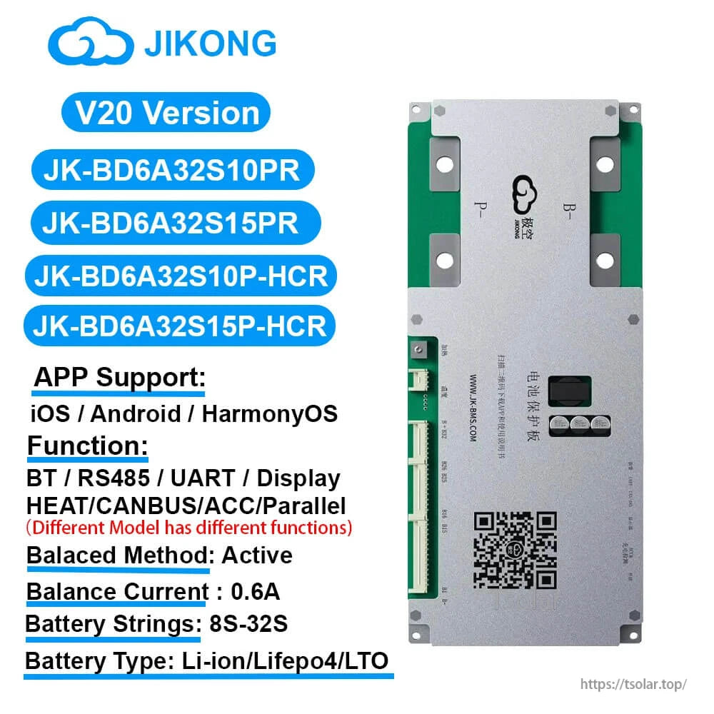 JKBMS V20 version compatibility list for JK-BD6A32S10PR/15PR and HCR models, app support info
