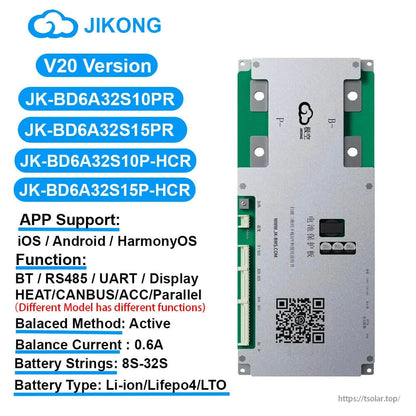JKBMS V20 version compatibility list for JK-BD6A32S10PR/15PR and HCR models, app support info