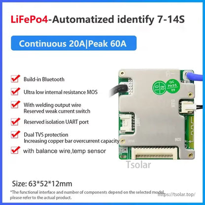 LiFePO4 7-14S BMS feature poster with 20A continuous, 60A peak and balance/temp sensor checklist